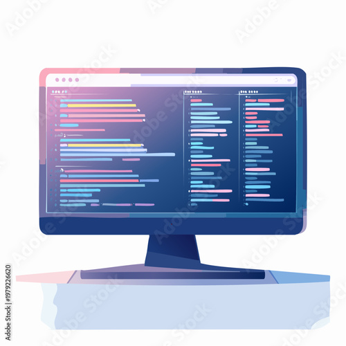 Computer monitor displaying code and data analytics on screen with computer scie