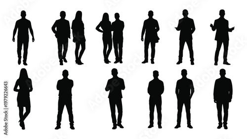 A collection of twelve black silhouettes depicting diverse individuals in various standing poses against a stark white background high quality professional