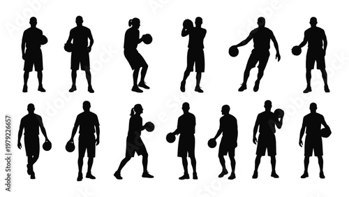A collection of black silhouettes depicting basketball players in various dynamic poses with basketballs high quality professional detailed modern elegant stylish