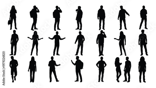 A collection of twenty five black silhouettes depicting diverse people in various casual poses and clothing styles high quality professional detailed