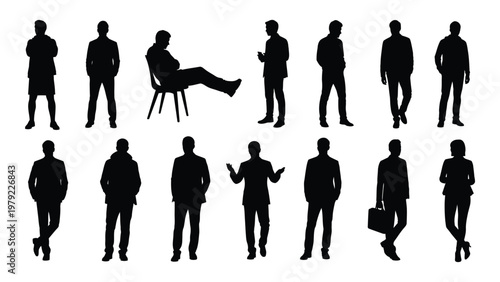 A collection of black silhouettes depicts diverse individuals in various poses suggesting a range of human activity and interaction high quality