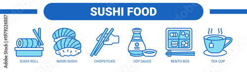 Sushi Food web banner icon vector illustration concept with icons of sushi roll, nigiri sushi, chopsticks, soy sauce, bento box, and tea cup. 