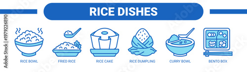 Rice Dishes web banner icon vector illustration concept with icons of rice bowl, fried rice, rice cake, rice dumpling, curry bowl, and bento box. 