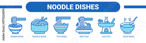 Noodle Dishes web banner icon vector illustration concept with icons of ramen bowl, noodle bowl, pho bowl, pad thai, hot pot, and soup bowl. 
