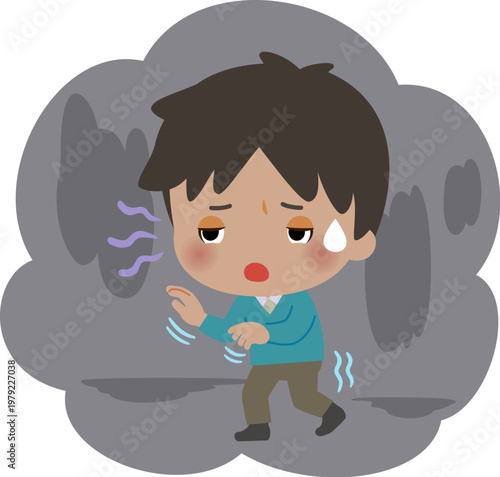 暗闇を手探りしながら歩く男性