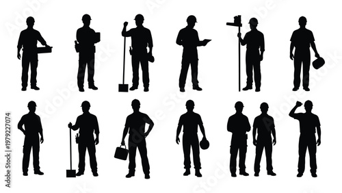 A collection of silhouetted construction workers in various poses each holding or using different tools and equipment high quality professional detailed