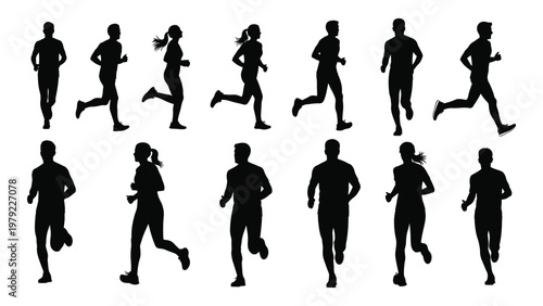 A collection of black silhouettes depicts diverse people running showcasing various poses and body types in motion high quality professional detailed