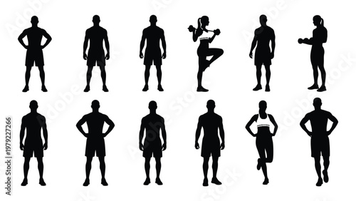 A collection of black silhouettes depicting diverse individuals in athletic poses suggesting fitness exercise and active lifestyles high quality professional detailed