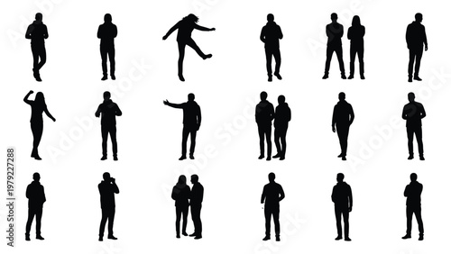 A collection of black silhouettes depicting diverse human figures in various poses and groupings isolated on a white background high quality