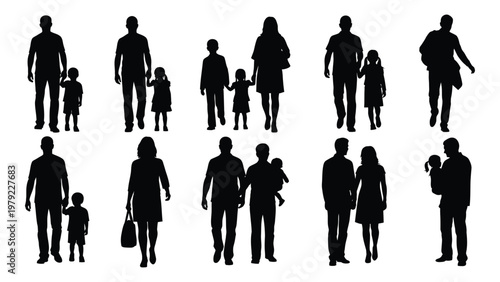 A collection of black silhouettes depicts various family groups including parents and children walking and standing together high quality professional detailed
