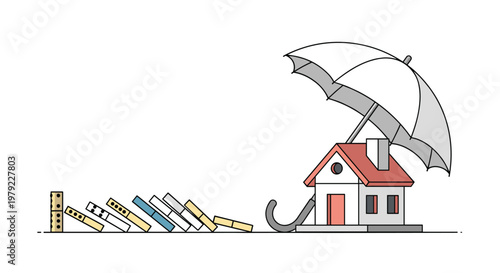 A compact suburban house with a vibrant red roof stands protected beneath a grey umbrella as dominoes fall in a sequence across the smooth floor.