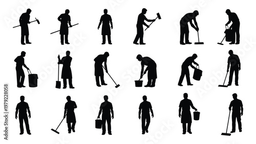 A collection of silhouette figures depicting various cleaning tasks including sweeping mopping and carrying buckets high quality professional detailed modern elegant