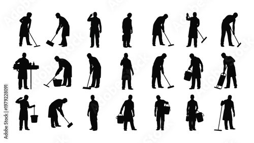 A collection of black silhouettes depicts various people engaged in cleaning tasks using tools like brooms and buckets high quality professional