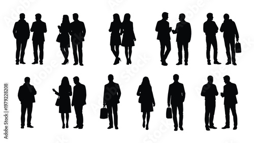 A collection of black silhouette figures depicting diverse groups of people standing and interacting in various poses high quality professional detailed