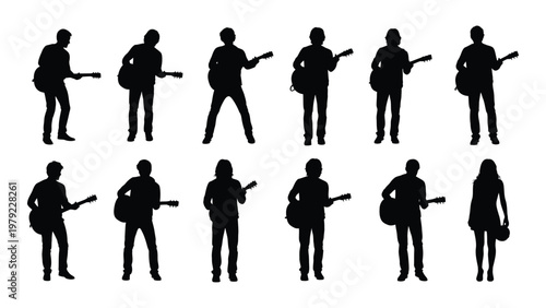 A collection of silhouette figures depicting musicians playing guitars showcasing a diverse group performing music high quality professional detailed modern elegant