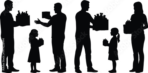 Family gift giving silhouette parents children celebration love concept flat vector