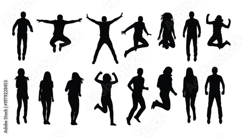 A collection of silhouette figures depicts joyful people jumping running and standing in various dynamic poses high quality professional detailed modern