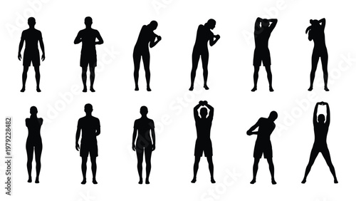 A collection of twelve black silhouettes depicting diverse human figures in various dynamic poses and stances high quality professional detailed modern
