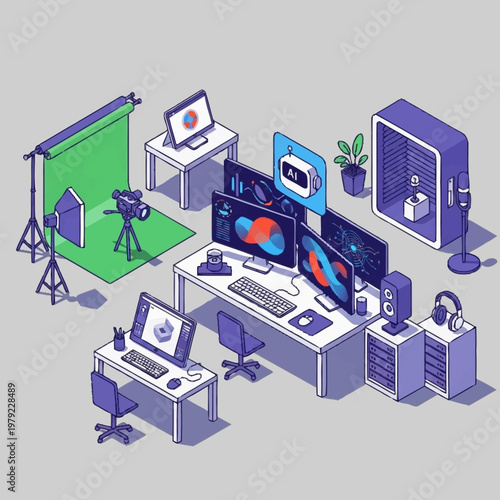 Modern video editing workstation with multiple monitors and equipment.