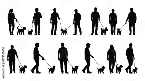A collection of silhouetted figures depicts people walking their dogs in a row showcasing a common outdoor activity high quality professional