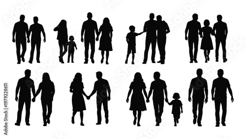 A collection of black silhouettes depicts various family groups and individuals walking together showcasing diverse relationships high quality professional detailed modern