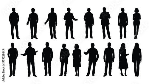 A collection of black silhouettes depicts a diverse group of people standing in various poses and outfits high quality professional detailed