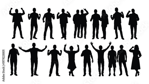 A collection of black silhouettes depicts diverse people with arms raised in various celebratory or active poses high quality professional detailed