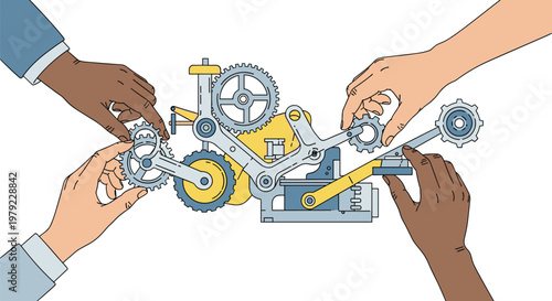 Four diverse hands collaborate to assemble a complex mechanical gear system while working together on a clean and bright white studio background space.