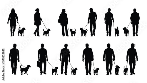 A collection of silhouettes depicting people walking their small dogs on leashes showcasing a variety of poses and forms high quality