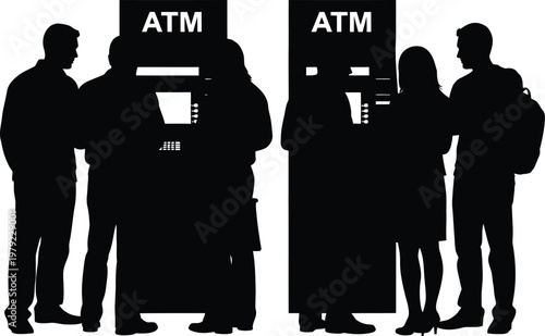 ATM machine queue people banking cash withdrawal silhouette flat vector