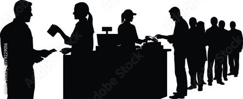 Silhouetted group of people queuing at a checkout counter, representing shopping and commerce. A diverse line of individuals await service at a busy retail establishment