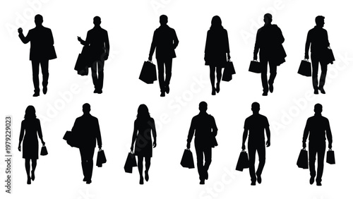 A collection of black silhouette figures depicting people walking and carrying shopping bags in a public space high quality professional detailed