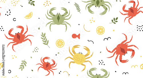 Crab and Citrus Seamless Pattern Vector Illustration with Marine Animals Leaves and Lemon Elements Fresh Summer Background Design