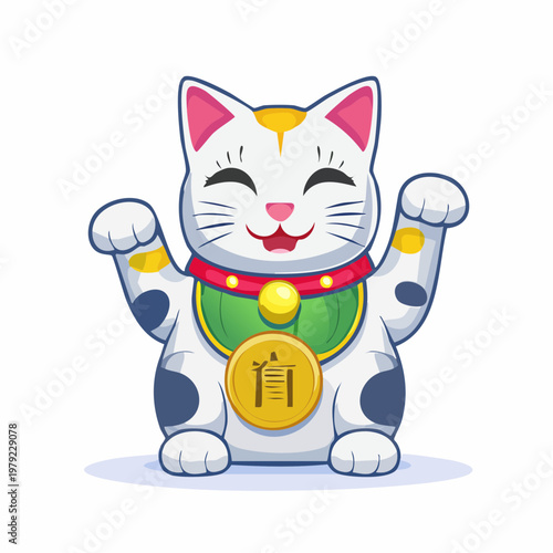 Lucky cat illustration with waving paws and gold coin maneki neko japanese cha