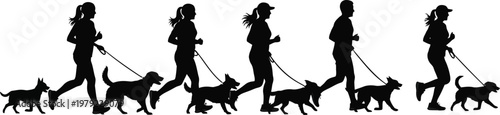 Silhouettes of people and their pets running and walking, illustrating companionship and active lifestyles