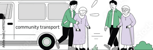 Volunteer driver helping senior elderly people with walking sticks enter a community transport van for medical healthcare assistance