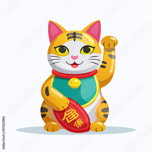 Orange lucky cat maneki neko with waving paw and red envelope, orange tabby