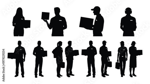 A collection of silhouetted figures mostly holding rectangular packages or briefcases representing delivery or business high quality professional detailed modern elegant