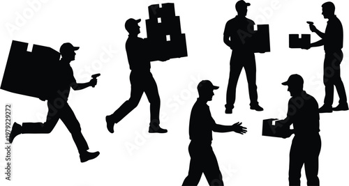 Dynamic silhouettes of efficient delivery personnel handling packages, representing fast and reliable logistics services for modern businesses
