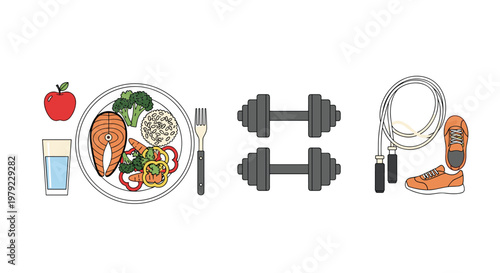 A healthy plate of grilled salmon, broccoli, and rice sits next to dumbbells, a jump rope, and running shoes to promote a balanced active lifestyle.