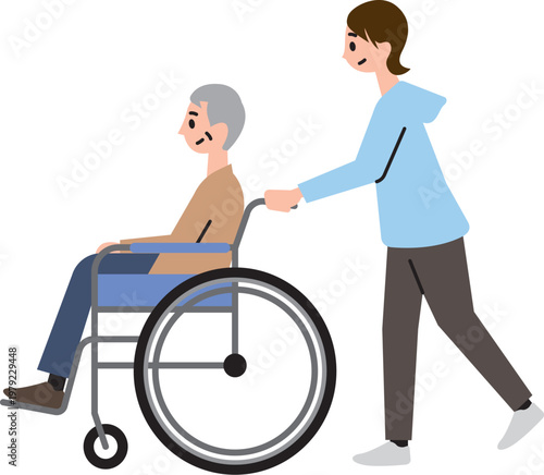 男性高齢者が乗っている車椅子を押す若い女性