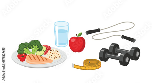 A nutritious plate of grilled chicken and fresh vegetables is arranged near a glass of water, a red apple, and a yellow measuring tape for health.