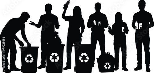 Silhouettes of people recycling and disposing of waste into bins with recycling symbols in a studio setting