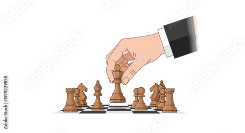 Professional hand in a dark tailored suit sleeve carefully positions a wooden king piece on a classic chessboard under warm ambient indoor lighting.