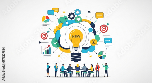 A colorful vector illustration of a lightbulb surrounded by business and technology icons with a group of people brainstorming underneath