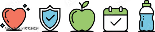 Healthy lifestyle icons set with heart protection shield apple calendar and water bottle for medical wellness insurance