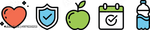Healthy lifestyle icons set with heart protection shield apple calendar and water bottle for medical wellness insurance