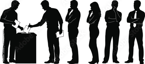 Silhouettes of individuals participating in a democratic election, casting their ballots, and waiting to exercise their civic duty