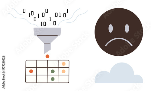Data processing, artificial intelligence, emotional analysis, cloud computing, data visualization, analytics. Binary funnel extracting data into a table, with sad face and cloud icon. Data processing