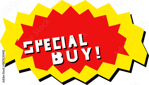 Hand-drawn vibrant red and yellow starburst sticker featuring special buy text for retail promotion illustration